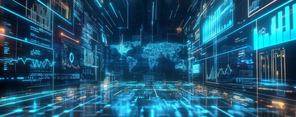Poster - Futuristic Digital Interface with World Map and Data Visualizations