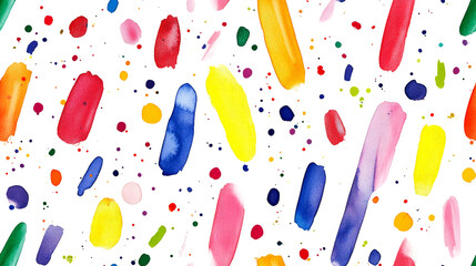 Poster - A seamless pattern of colorful watercolor brushstrokes and dots on a white background.