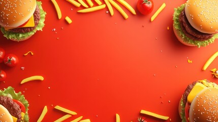 Poster - Vibrant burgers and golden fries are beautifully displayed at the edges, creating an inviting space for your food-related message. Generative AI