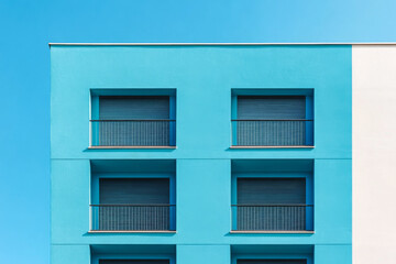 Bright blue building facade with multiple windows and a minimalist design against a clear sky