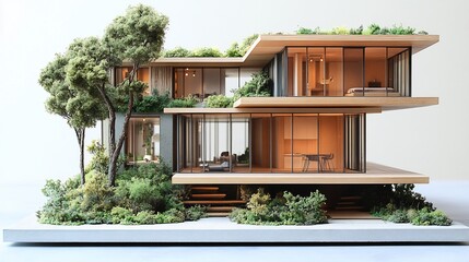 Poster - Detailed model of ecofriendly sustainable home featuring lush greenery small tree showcasing energyefficient design elements and a modern architectural style that embraces environmental consciousness