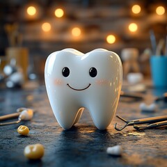 Poster - Dramatic 3D depiction of a smiling tooth with a glossy finish set against a dark background surrounded by shiny dental instruments that highlight the significance of oral hygiene and care