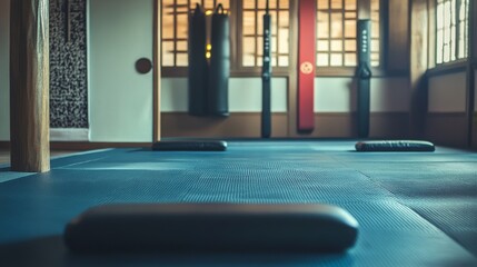 Poster - A dynamic martial arts dojo with martial arts weapons and training mats, Dojo equipment and sparring gear set up for disciplined training, Classic photo of