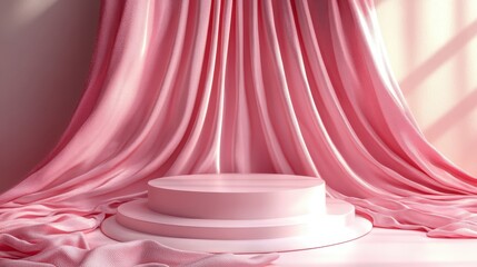 Poster - Pink fashion fabric cosmetic podium presentation stand on minimal product display 3d background with abstract luxury beauty cloth backdrop or advertising show stage pedestal and blank pastel scene.