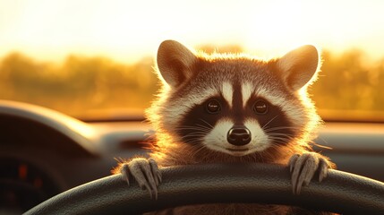  Raccoon driving a car with warm sunlight in the background, whimsical and playful scene.