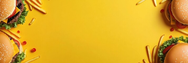 Poster - Brightly colored burgers and crispy fries are arranged on a yellow background, leaving ample space for enticing menu text. Generative AI