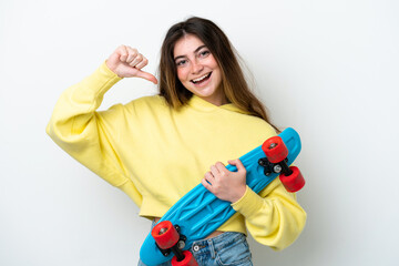 Young caucasian woman isolated on white background with a skate with happy expression