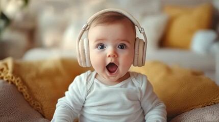 cheerful surprised baby 6 months old wearing headphones to listen to music, music with a positive effect on the concept of cognitive development of the child. generative AI