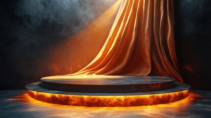 Poster - Dynamic 3D podium featuring a rich fabric curtain and spotlight contrasted against a bold black background adding drama and sophistication for luxurious presentations