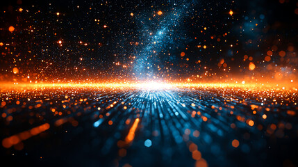 Abstract background of orange and blue light streaks with a bokeh effect.