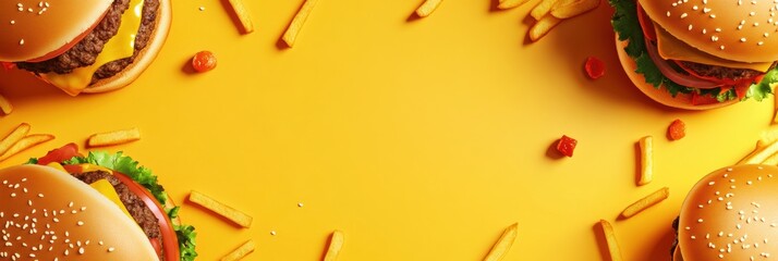 Aufkleber - Brightly colored burgers and fries are artfully placed at the edges, creating an ideal space for promotional text in a playful layout. Generative AI