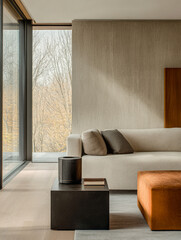 Modern living room interior with soft furniture and large windows overlooking nature in daylight