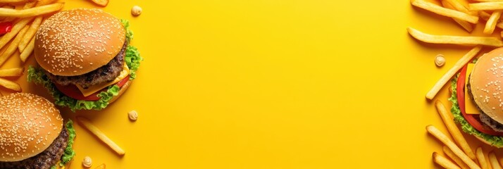 Poster - Colorful burgers and crispy fries are artistically arranged on a vibrant yellow background, leaving space for engaging content. Generative AI