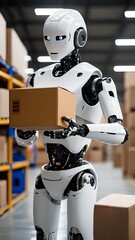 Futuristic white artificial intelligent robot working in a modern warehouse, carrying boxes arround and operating the warehouse with advance technology