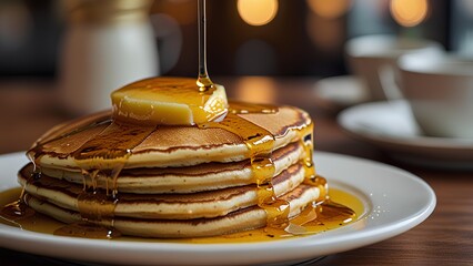 Butter and honey syrup on top of pancakes for breakfast or dessert