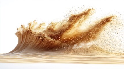 Poster - Dynamic explosion of golden sand isolated on a white background forming an abstract cloud wave as grains fly through the air creating a stunning visual of movement and texture