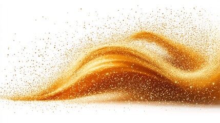 Poster - Dynamic explosion of golden sand isolated on a white background forming an abstract cloud wave as grains fly through the air creating a stunning visual of movement and texture