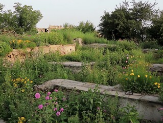 Overgrown ruins of a stone structure with wildflowers blooming in the foreground.