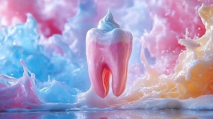 Poster - Dynamic image showing toothpaste tube ejecting playful toothshaped dollop of paste representing brushing teeth fun and vibrant manner with a colorful and fresh background that promotes dental hygiene
