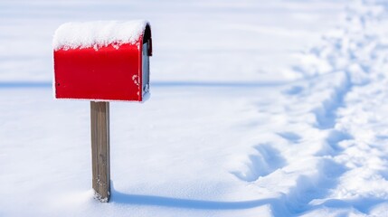 Red mailbox on a snowy landscape with clear footprints leading away.