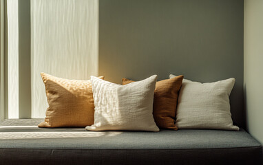 Cozy arrangement of decorative pillows on a modern bench in a sunlit room