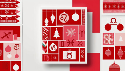 Wall Mural - modern graphic white and red and pink christmas background with various christmas decorations and zo
