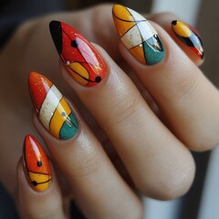 Poster - Female hand displaying an intricate and unique nail art design featuring geometric shapes and bold colors elegantly posed on a light textured surface to highlight the manicure details