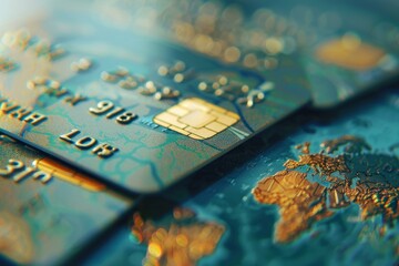 Poster - Credit card with electronic chip laying on top of other cards, showing concept of global finance and cashless payments