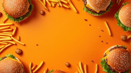 Poster - Brightly colored burgers and fries are arranged to create an inviting space perfect for showcasing enticing text. Generative AI