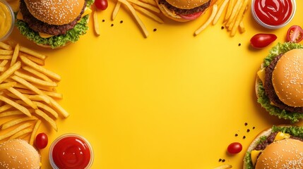 Poster - Colorful burgers and crispy fries are creatively arranged around a central space, ideal for adding text or captions about delicious meals. Generative AI