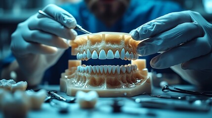 Poster - Focused scene of a dental technician manipulating an articulator with various dental tools and materials scattered around emphasizing the precision and artistry involved in dental technology