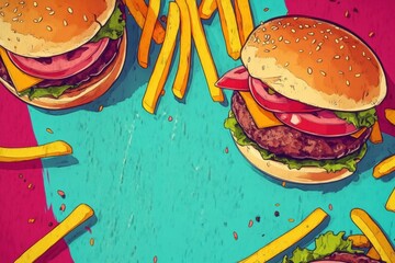 Poster - Bright visuals of mouthwatering burgers and crispy fries create a playful atmosphere perfect for meal planning or menu designs. Generative AI