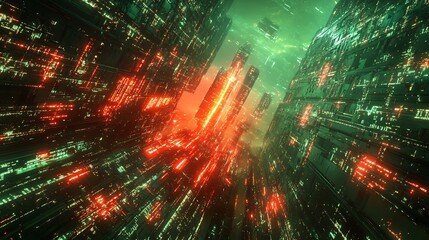Poster - Futuristic cybernetic dreamscape unfolds as vibrant neon red and green lines form an intricate glowing structure Metallic shapes pulse with energy reflecting the technical complexity of the scene
