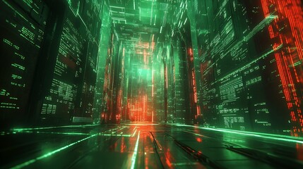 Poster - Futuristic cybernetic dreamscape unfolds as vibrant neon red and green lines form an intricate glowing structure Metallic shapes pulse with energy reflecting the technical complexity of the scene