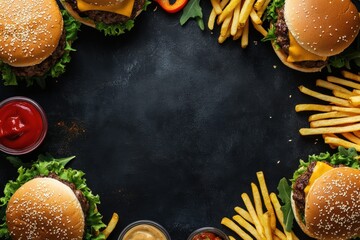 Poster - Brightly colored burgers and crispy fries are beautifully arranged, inviting delicious creativity in the center for your text or message. Generative AI