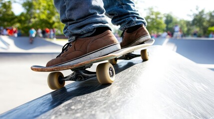 A close-up of a skateboarder’s wheels grinding on the edge of a ramp, showcasing the thrill of the trick