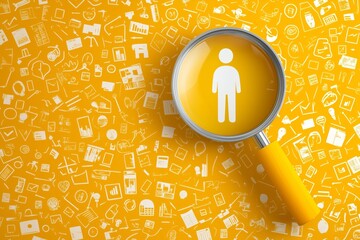 Yellow human icon inside of magnifier glass among white icons for customer focus and customer relation management or CRM concept. 