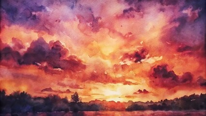 Wall Mural - A background featuring abstract clouds in the sky with either a sun sky with shades of orange and purple, watercolor, abstract, background, or sunset. a watercolor technique to achieve a soft, light 