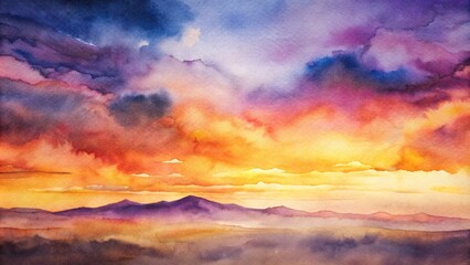 Wall Mural - A background featuring abstract clouds in the sky with either a sun sky with shades of orange and purple, watercolor, abstract, background, or sunset. a watercolor technique to achieve a soft, light 
