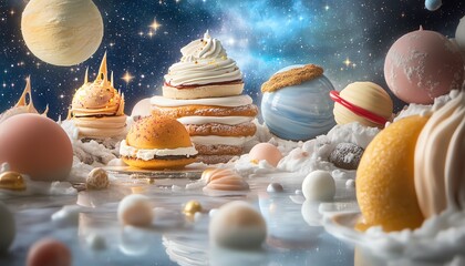 Whimsical, colorful pastry planets and stars set against a starry night sky background.