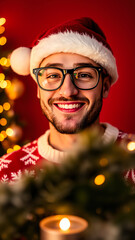 Poster - man wearing a festive hat smiles broadly a holiday portrait