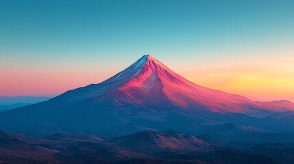 Poster - Lone majestic mountain peak stands tall under a mesmerizing gradient sky transitioning from soft pink to vivid blue creating a serene minimalist scene of nature's grandeur in perfect simplicity