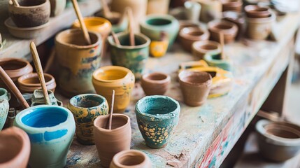 Aufkleber - A lively pottery studio with clay tools and artistic creations, Pottery tools arranged amidst colorful ceramic artworks, Artisanal pottery style