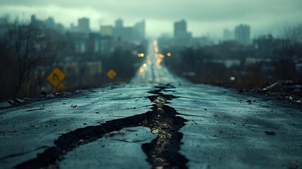 Poster - Long crack running down a weathered asphalt road the result of a recent earthquake with distant blurry buildings in the background creating a sense of desolation and the impact of natural disasters
