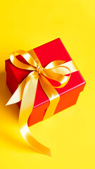 Sticker - red gift box with a golden bow on a yellow background