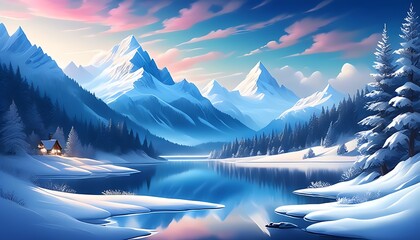 Capture the serene beauty of winter mountains and night lake.