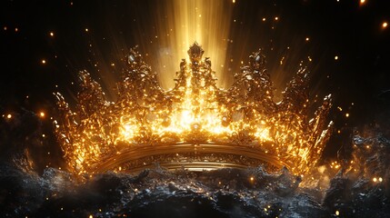 Poster - Majestic crown gleams as a golden beam of light highlights its intricate details set against a dramatic black background The contrast enhances the regal beauty and elegant power of the scene