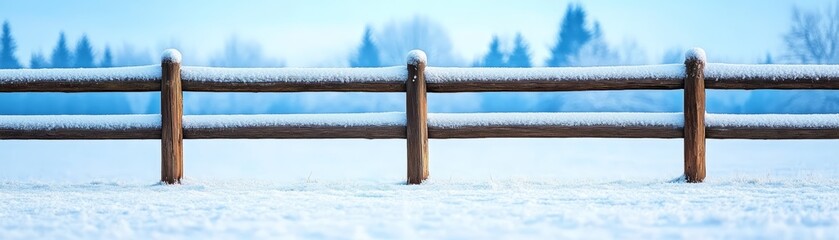 Wall Mural - Snow-covered wooden fence in a serene winter landscape, white isolate background.