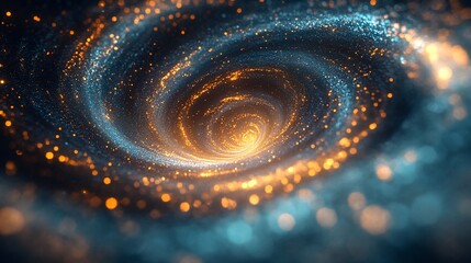 Poster - Mesmerizing abstract vortex of swirling blue and gold particles creating a dynamic motion effect with trails of light evoking a sense of depth and artistic flair in a captivating background