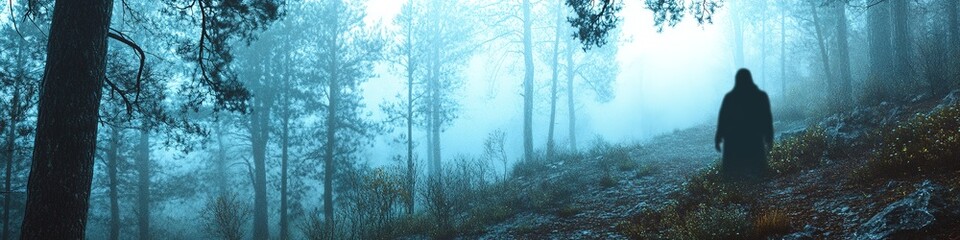  Mysterious figure in foggy forest at twilight
